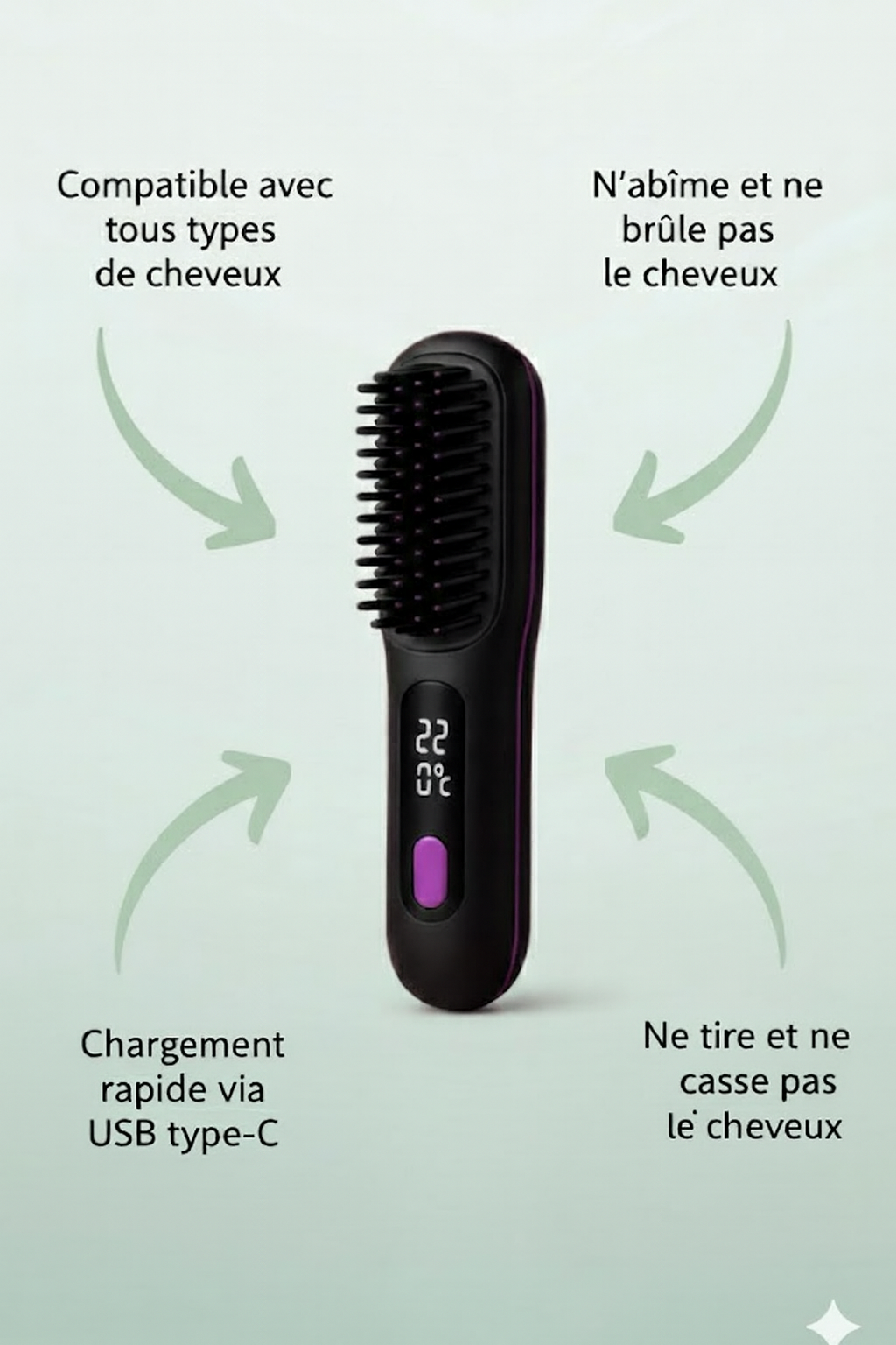 Brosse lissante sans fil Lisséllia présentée avec ses fonctions de sécurité et protection des cheveux
