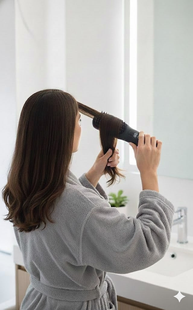 Femme utilisant la brosse lissante sans fil Lisséllia pour lisser ses cheveux dans la salle de bain